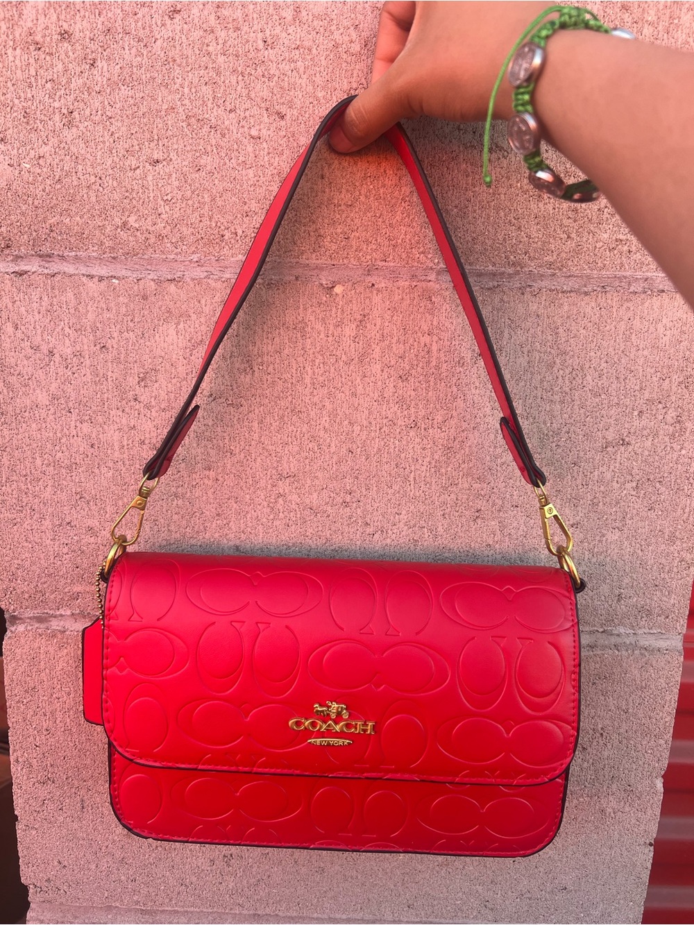Coach Red Embossed Signature Leather Shoulder Bag